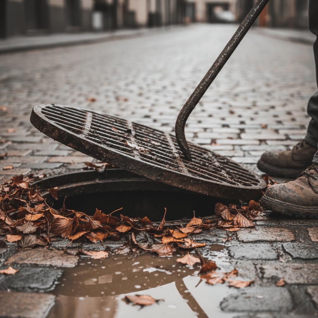 Reinigung eines Straßeneinlaufs am Bordstein