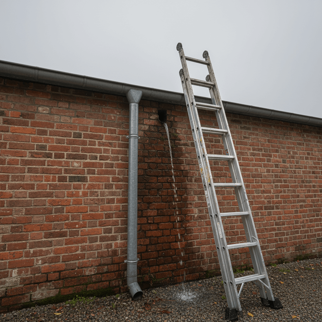 Spülung eines Fallrohrs an der Hausfassade