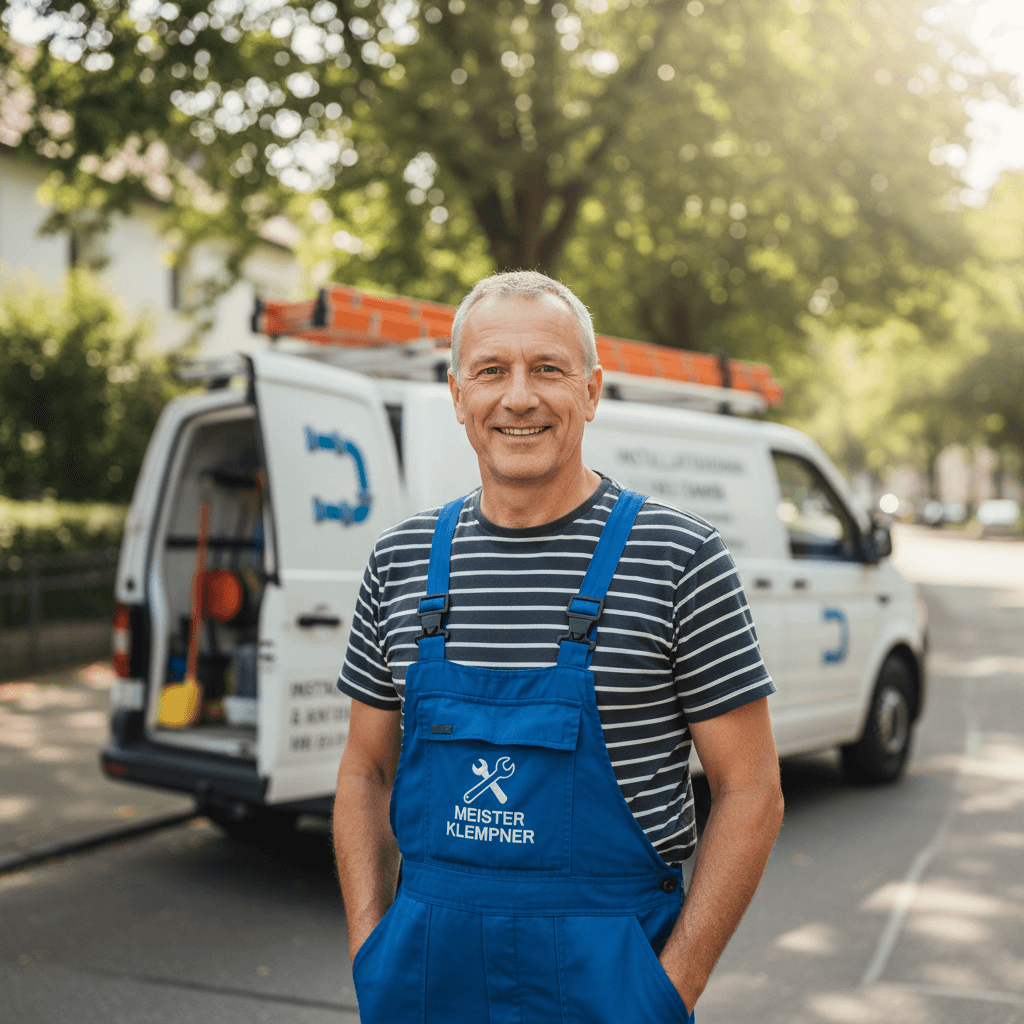 Freundlicher Handwerksmeister steht bereit für den Einsatz