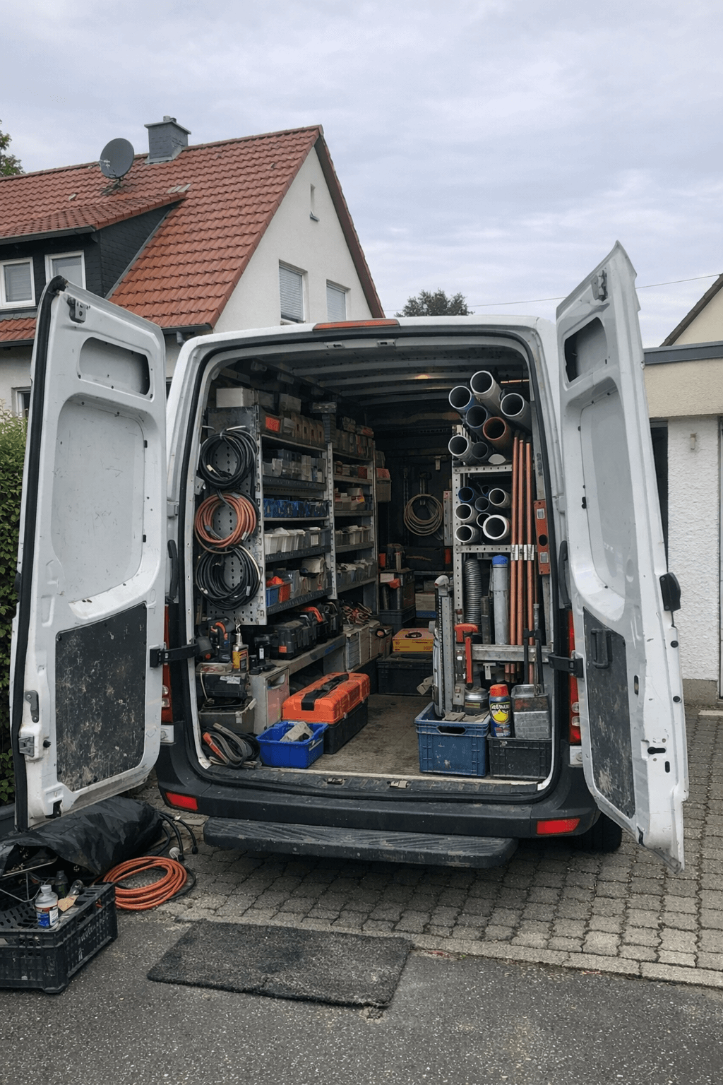 Servicefahrzeug in einer Wohnsiedlung bereit für Rohrreinigung
