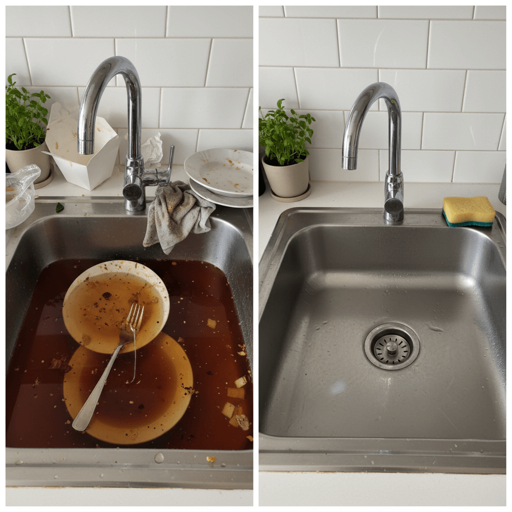 Vorher Nachher Vergleich eines verstopften Abflusses