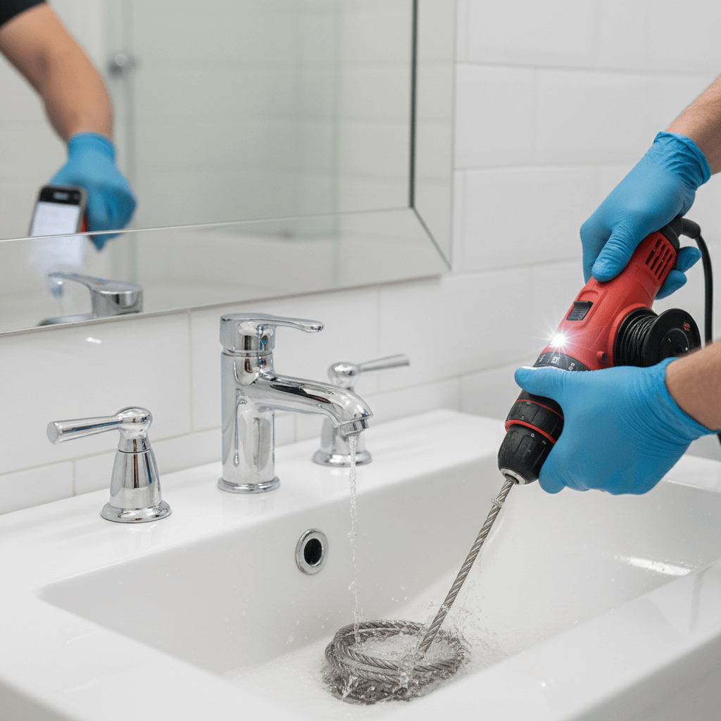Fachmann bei der professionellen Rohrreinigung im Bad