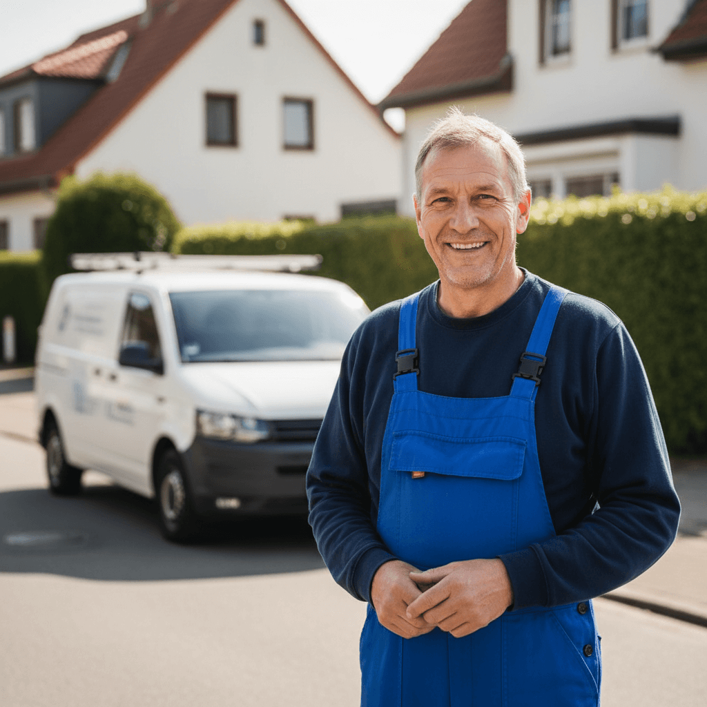 Freundlicher Handwerksmeister steht bereit für den Einsatz